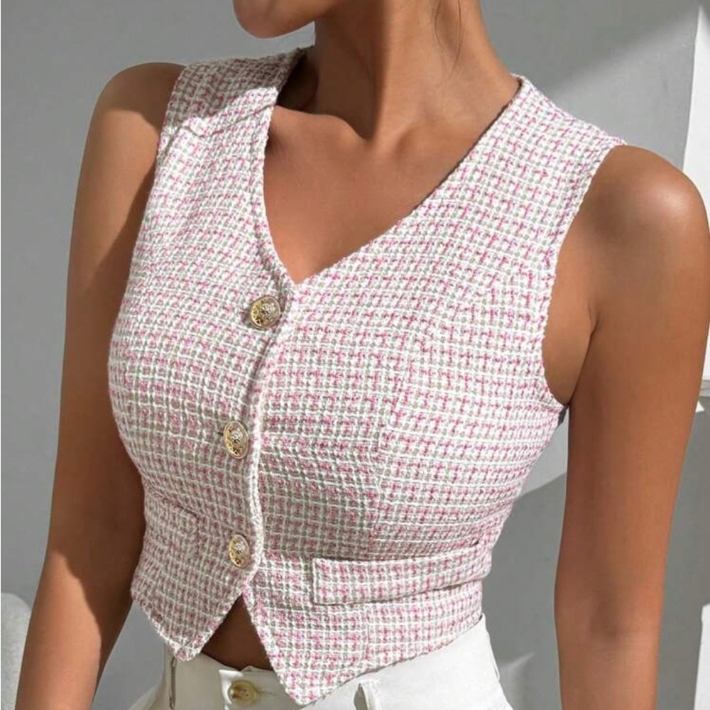 Pink Tweed Buttoned Blazer Vest